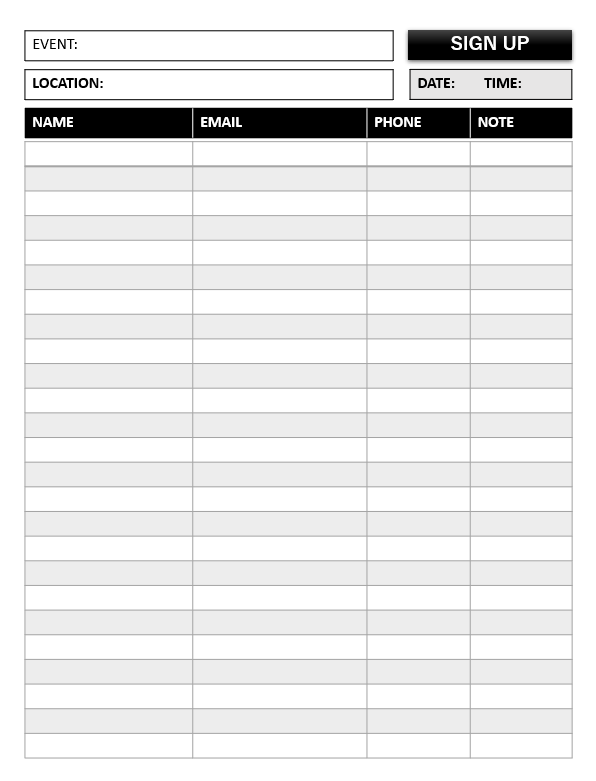Event Sign Up Sheet Template 